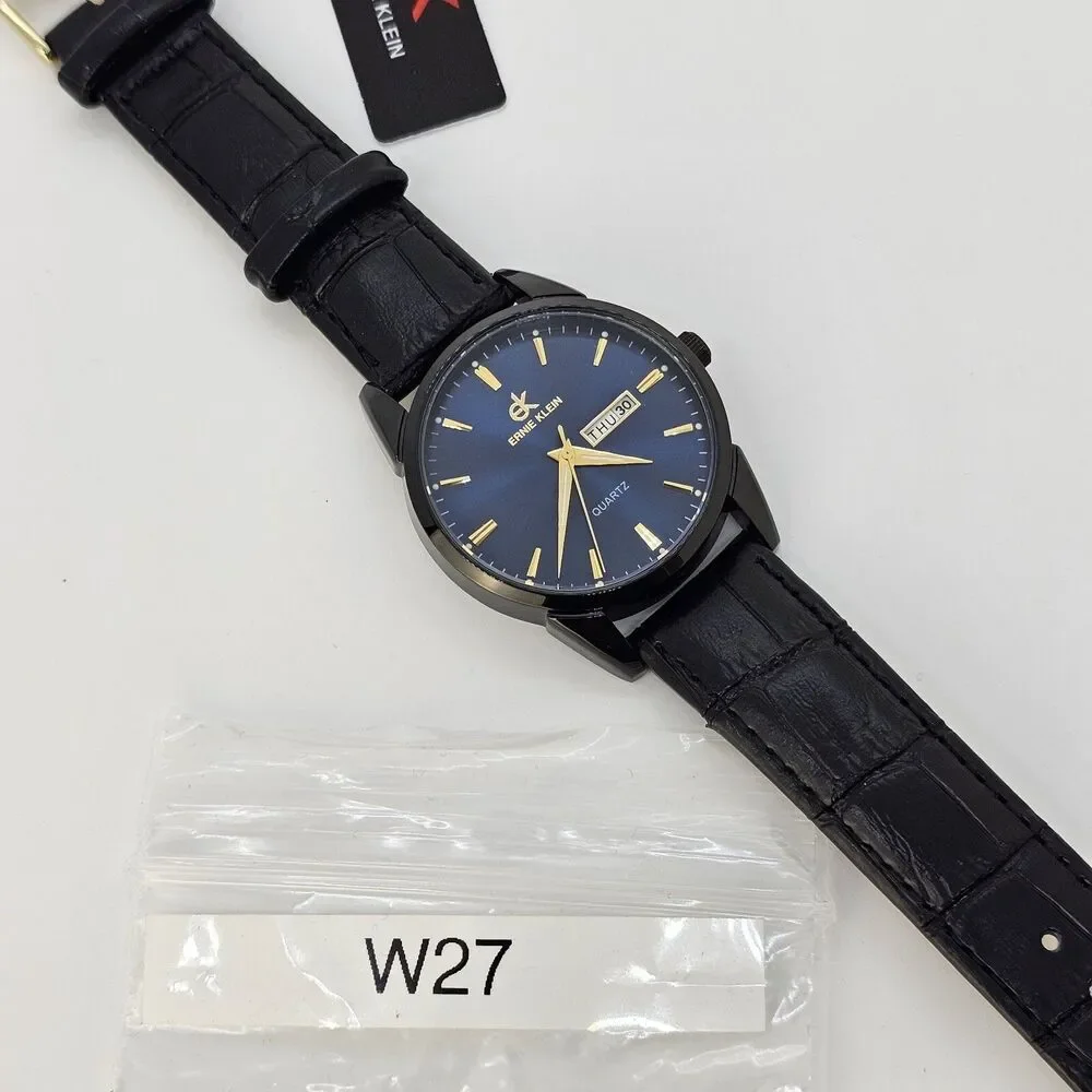 Ernie Klein 38MM Men’s Watch Blue Dial Black‎ Case Day Date Black Leather Bands